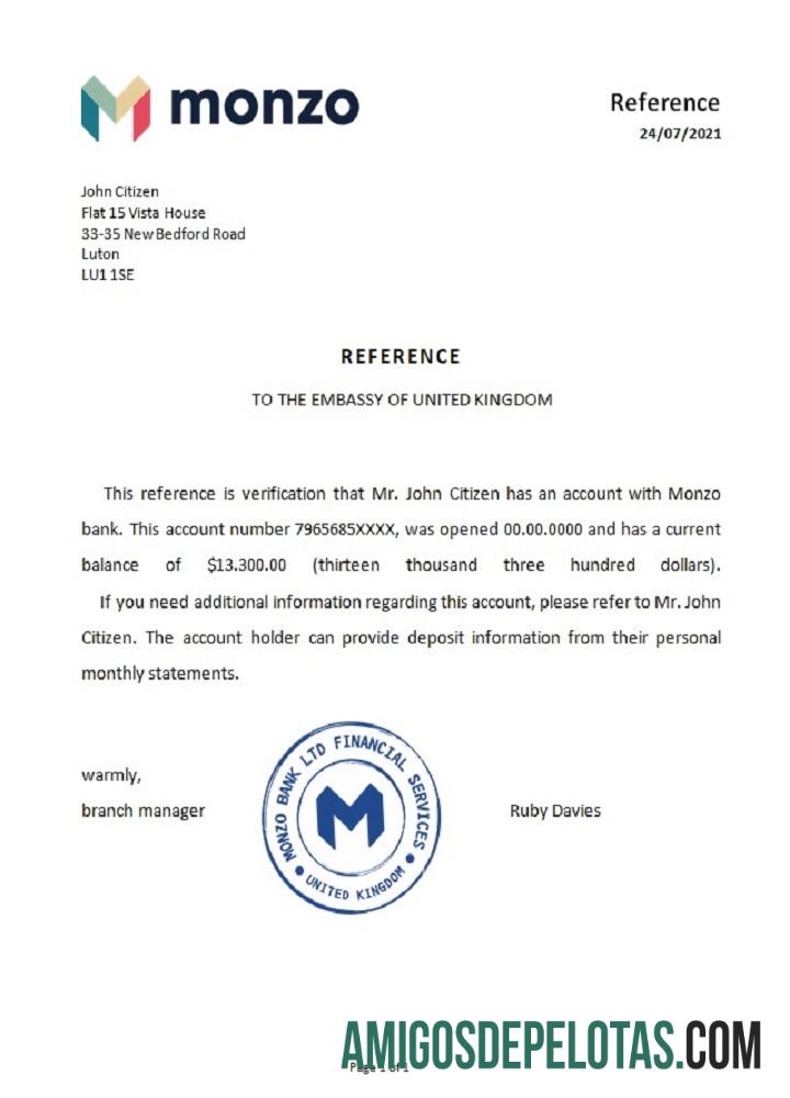 Referência do Banco Monzo do Reino Unido exemplo real